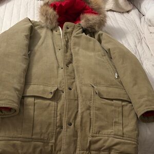 Men's Retro Beige / Olive Parka with Faux Fur Hood